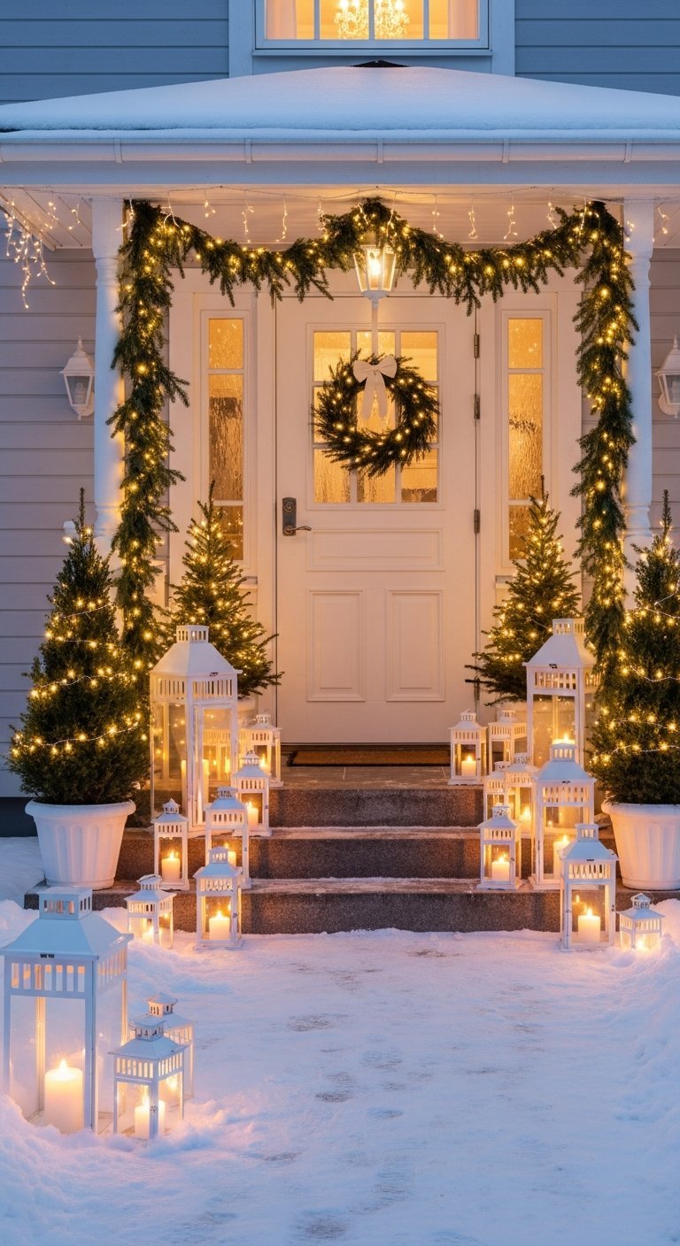 Entrée de maison enneigée décorée pour Noel avec lanternes blanches