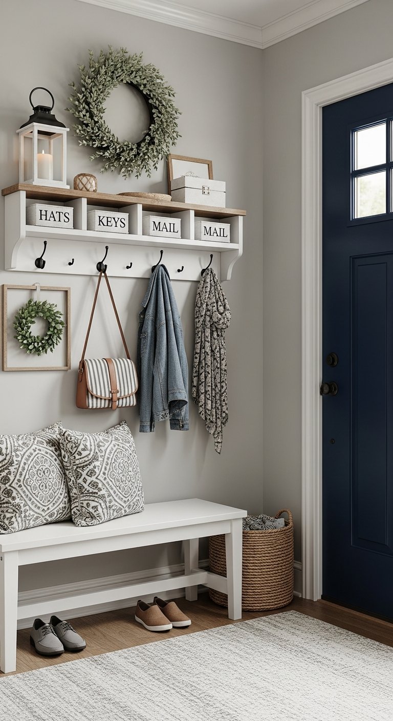 Etagere blanche a crochets avec bacs etiquetes et banc blanc