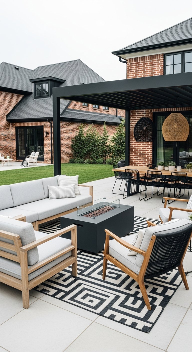 Grande terrasse moderne avec pergola noire brasero et deux zones salon et repas