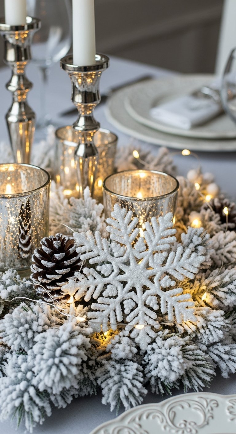 Gros plan sur un centre de table de Noel blanc avec flocon et photophores