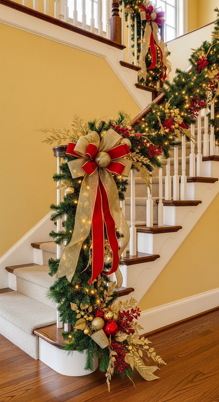 Guirlande de noël opulente avec gros nœuds rouge et or