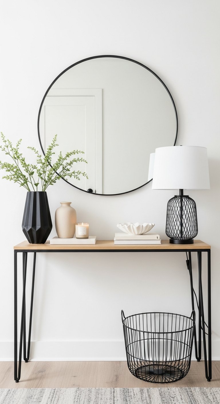 Miroir rond au dessus d une console industrielle fine avec lampe noire