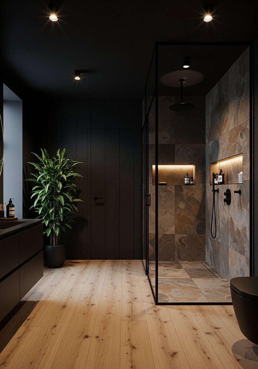 Mur marbre noir intense meuble noyer