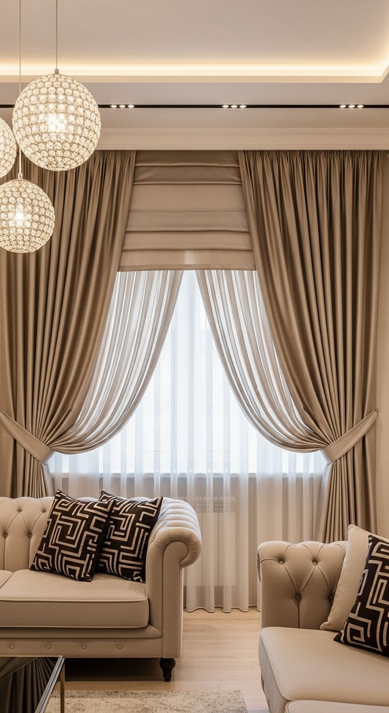 Rideaux de salon beiges satines avec store bateau assorti