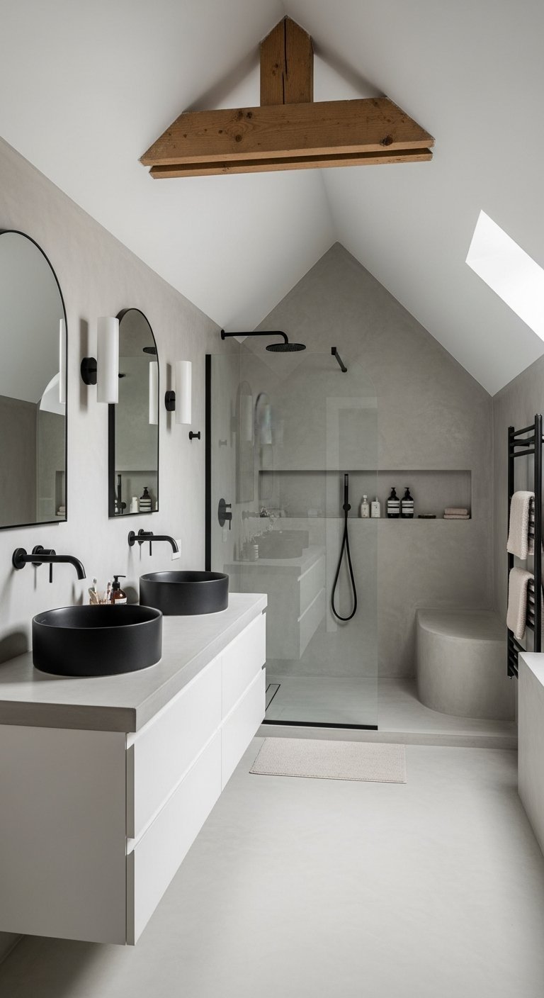 Salle de bain sous comble en beton cire gris avec poutre en bois