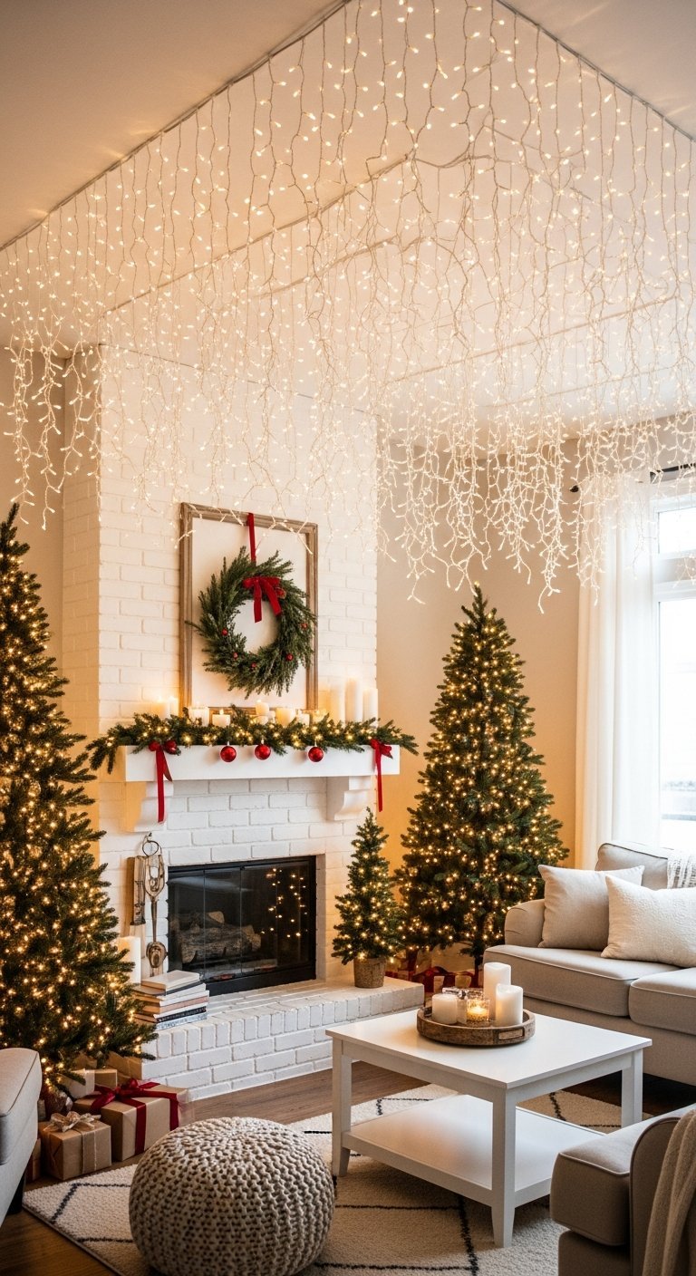 Salon lumineux avec un plafond entièrement recouvert de guirlandes lumineuses en cascade