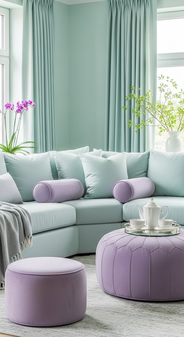 Salon vert d eau avec canape assorti et poufs de couleur lilas