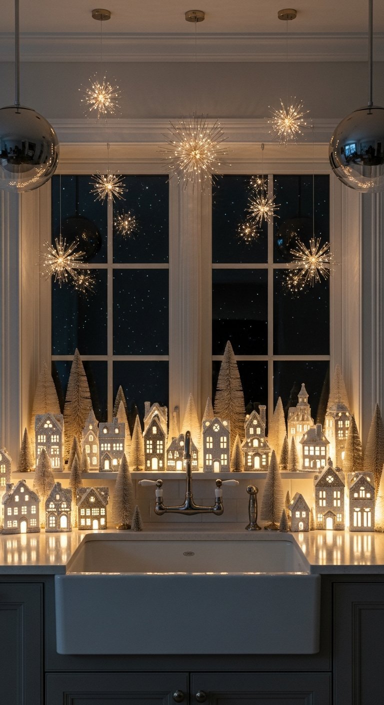 Village de Noël lumineux sur le rebord de la fenêtre de la cuisine