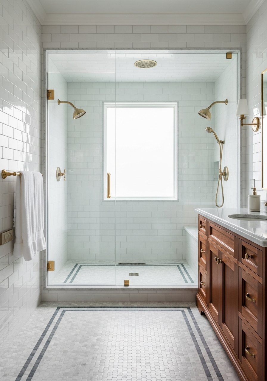 grande douche blanche sol mosaique