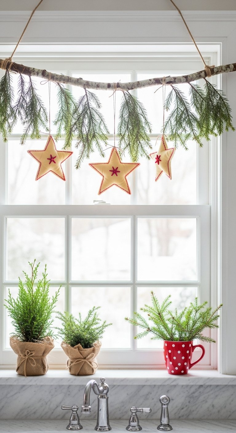 Branche de bouleau avec étoiles en tissu suspendues au dessus d une fenêtre de cuisine