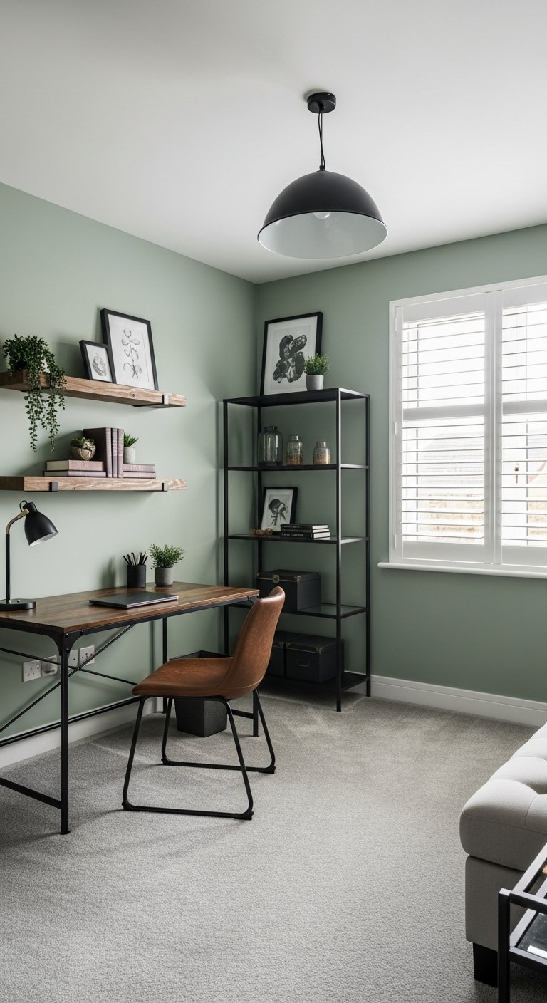 Bureau de travail à la maison mur vert sauge étagères métal