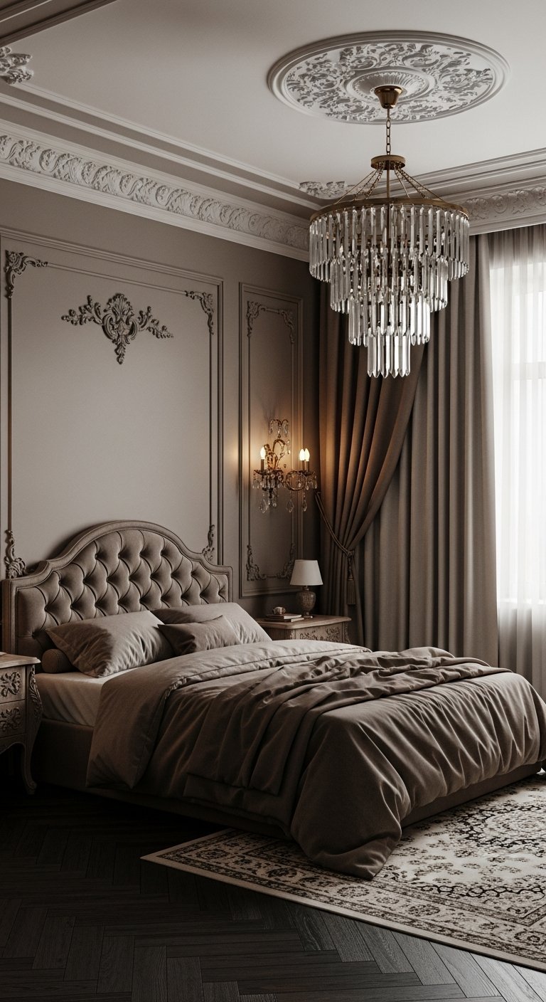 Chambre a coucher luxe classique avec murs taupe a moulures et lit capitonne