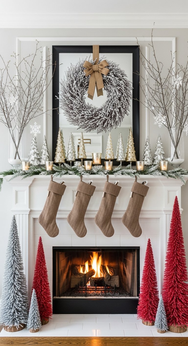 Cheminee blanche avec miroir noir et mini sapins rouges et argentes