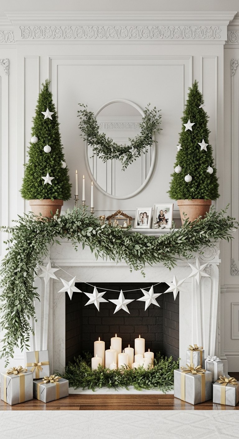 Cheminée blanche décorée avec guirlande de verdure et étoiles