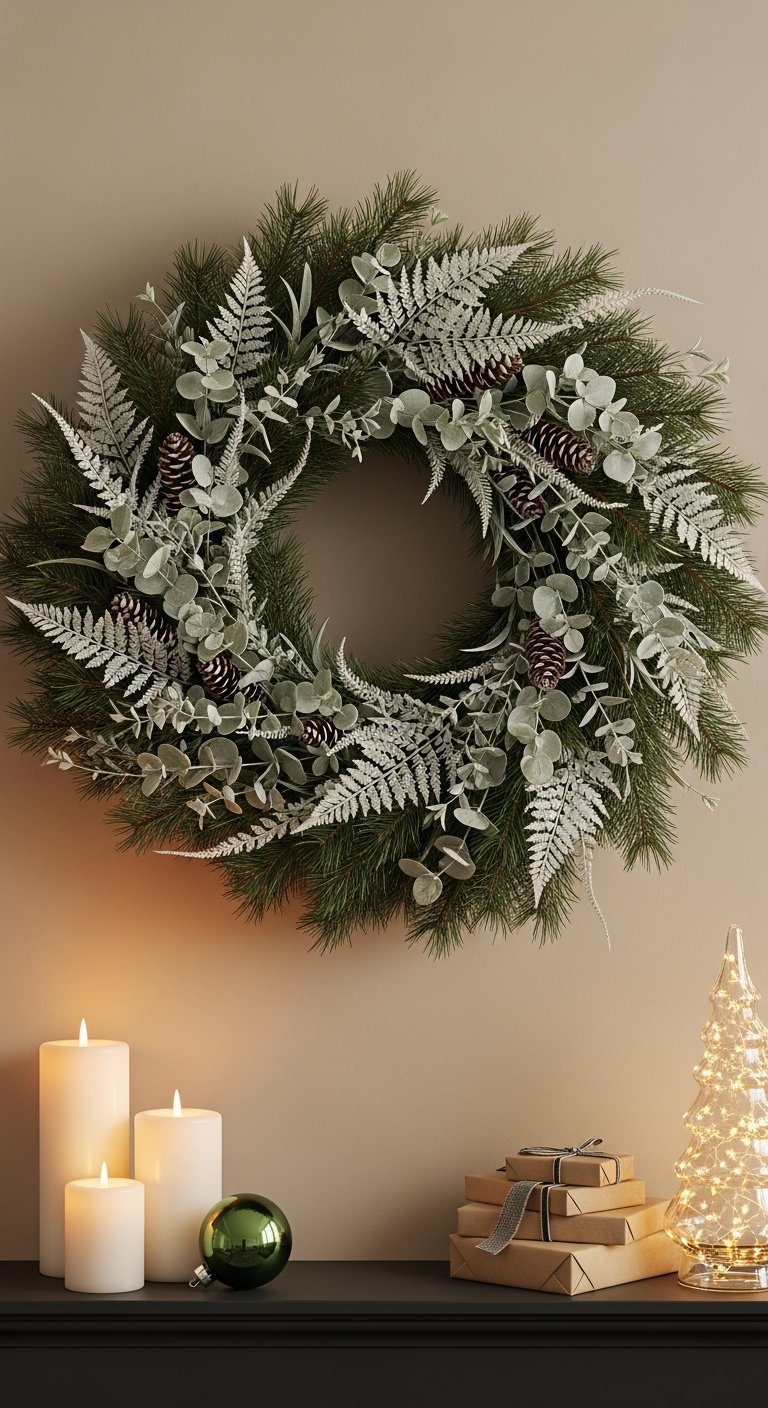 Couronne de Noel moderne avec fougeres givrees feuilles d eucalyptus et pommes de pin