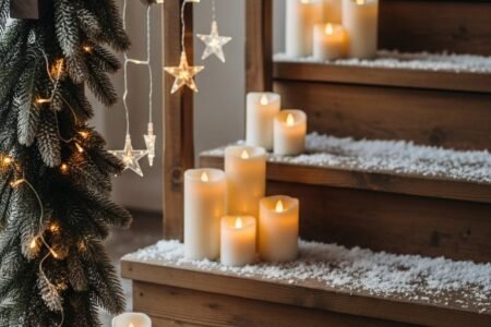Décoration escalier noël rustique avec fausse neige et bougies
