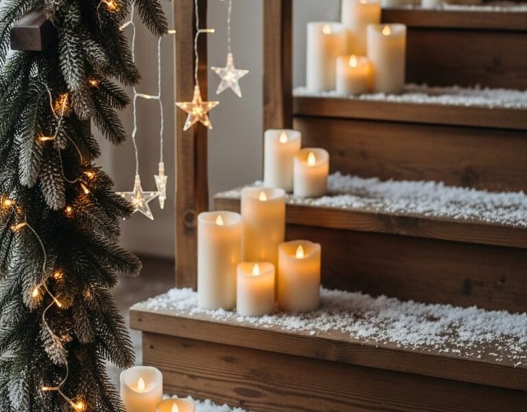 Décoration escalier noël rustique avec fausse neige et bougies