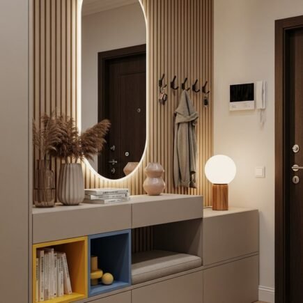 Meuble dentree moderne beige avec miroir ovale retroeclaire