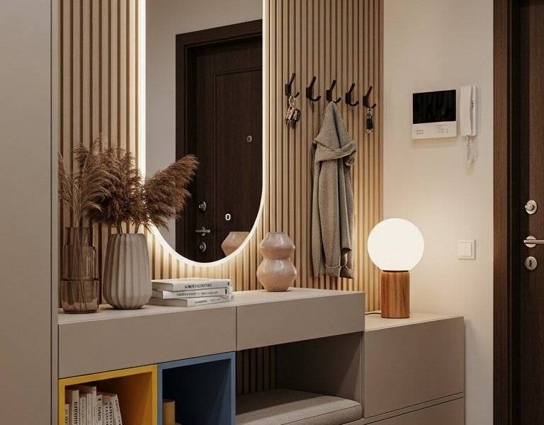 Meuble dentree moderne beige avec miroir ovale retroeclaire