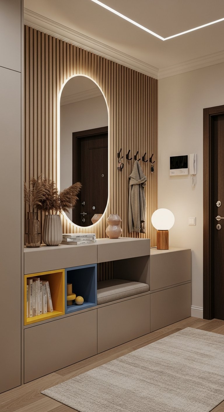 Meuble dentree moderne beige avec miroir ovale retroeclaire