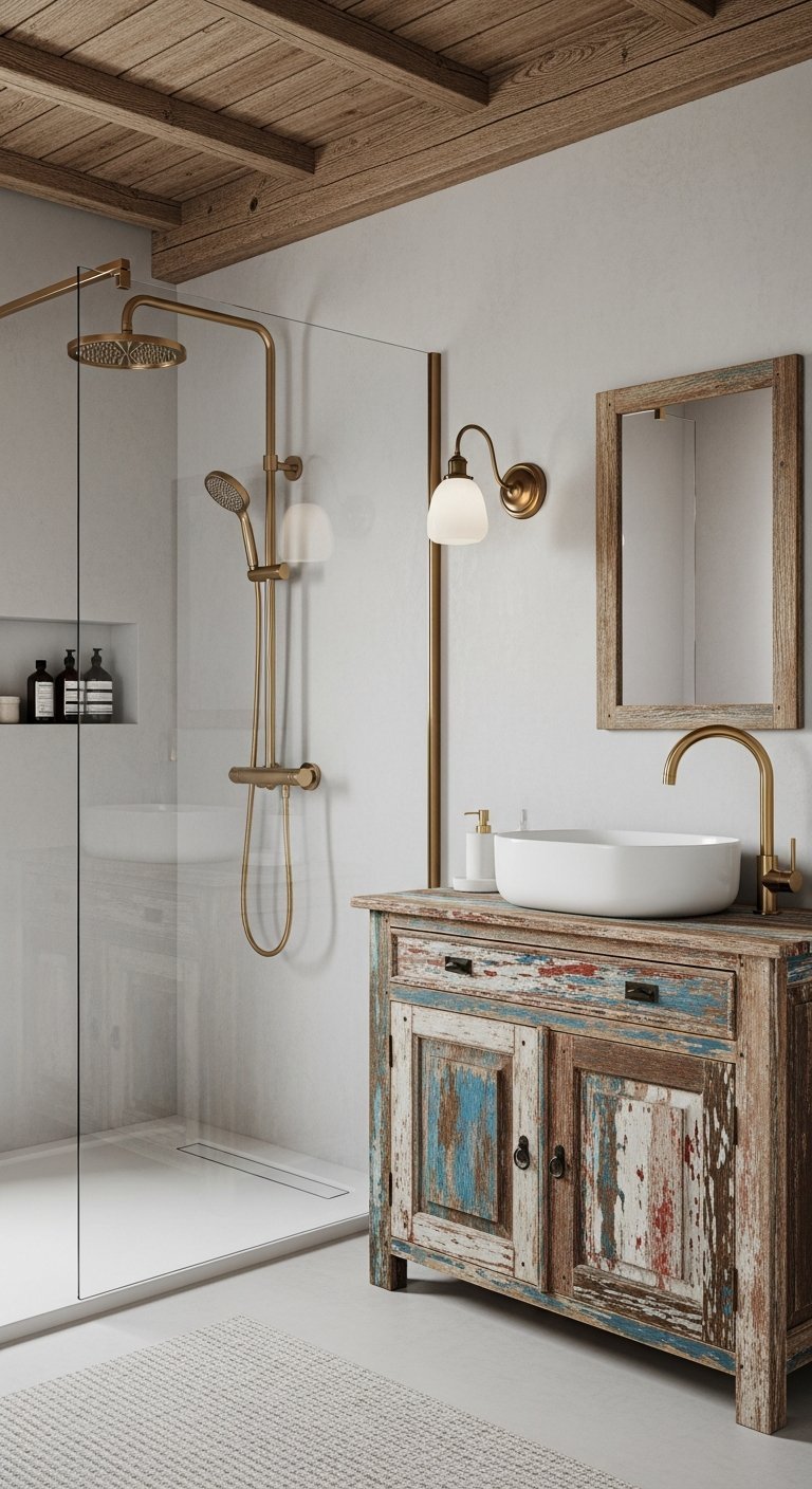 Meuble vasque patine style recup et douche en beton cire clair