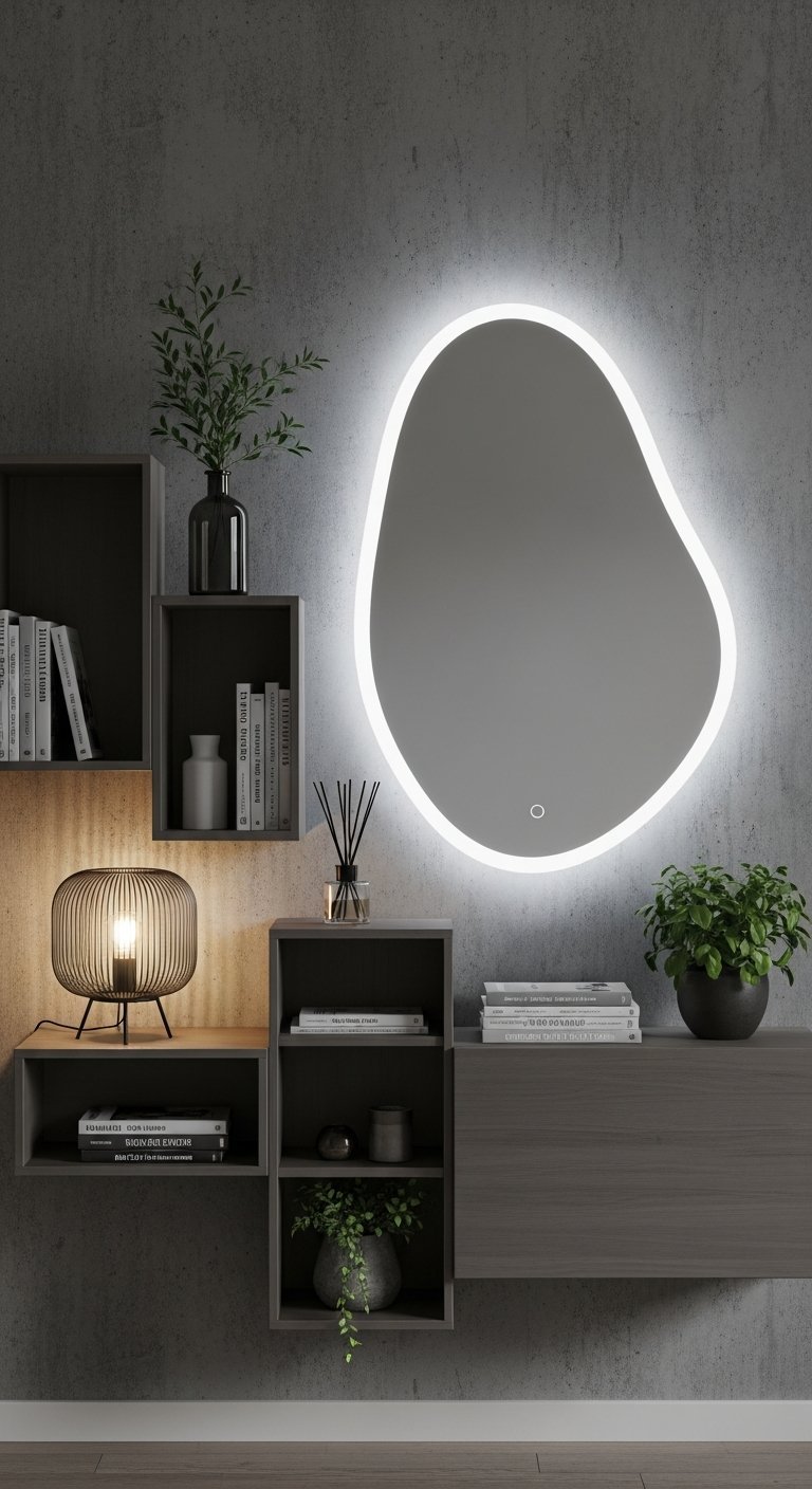 Miroir de forme organique avec rétroéclairage LED sur un mur gris foncé