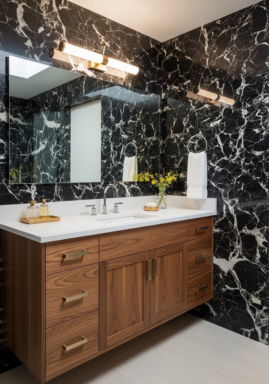 Mosaique noire meuble double vasque bois