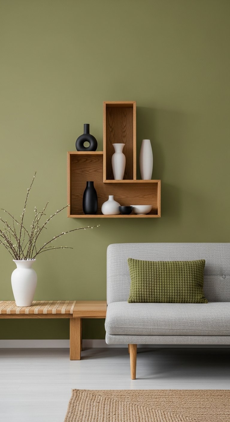 Mur vert olive avec etagere en bois minimaliste et canape gris