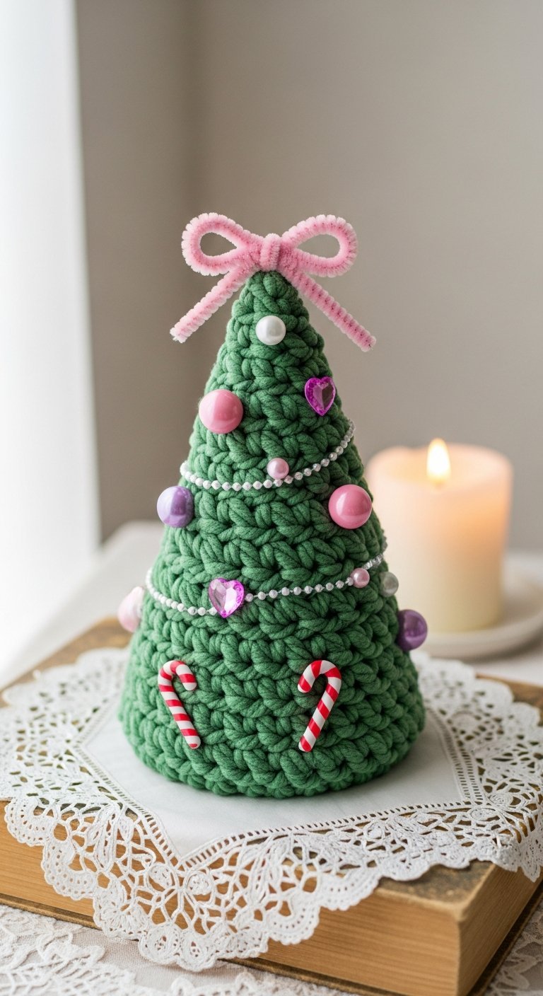 Petit sapin de noel en crochet vert decore de perles et de cannes de bonbon