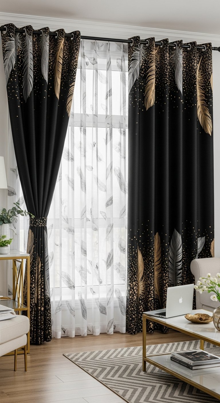 Rideaux de salon noirs avec motifs de plumes dorees et argent