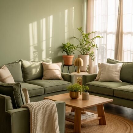 Salon avec murs et canapes vert sauge et table basse en bois