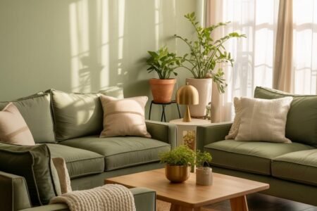 Salon avec murs et canapes vert sauge et table basse en bois