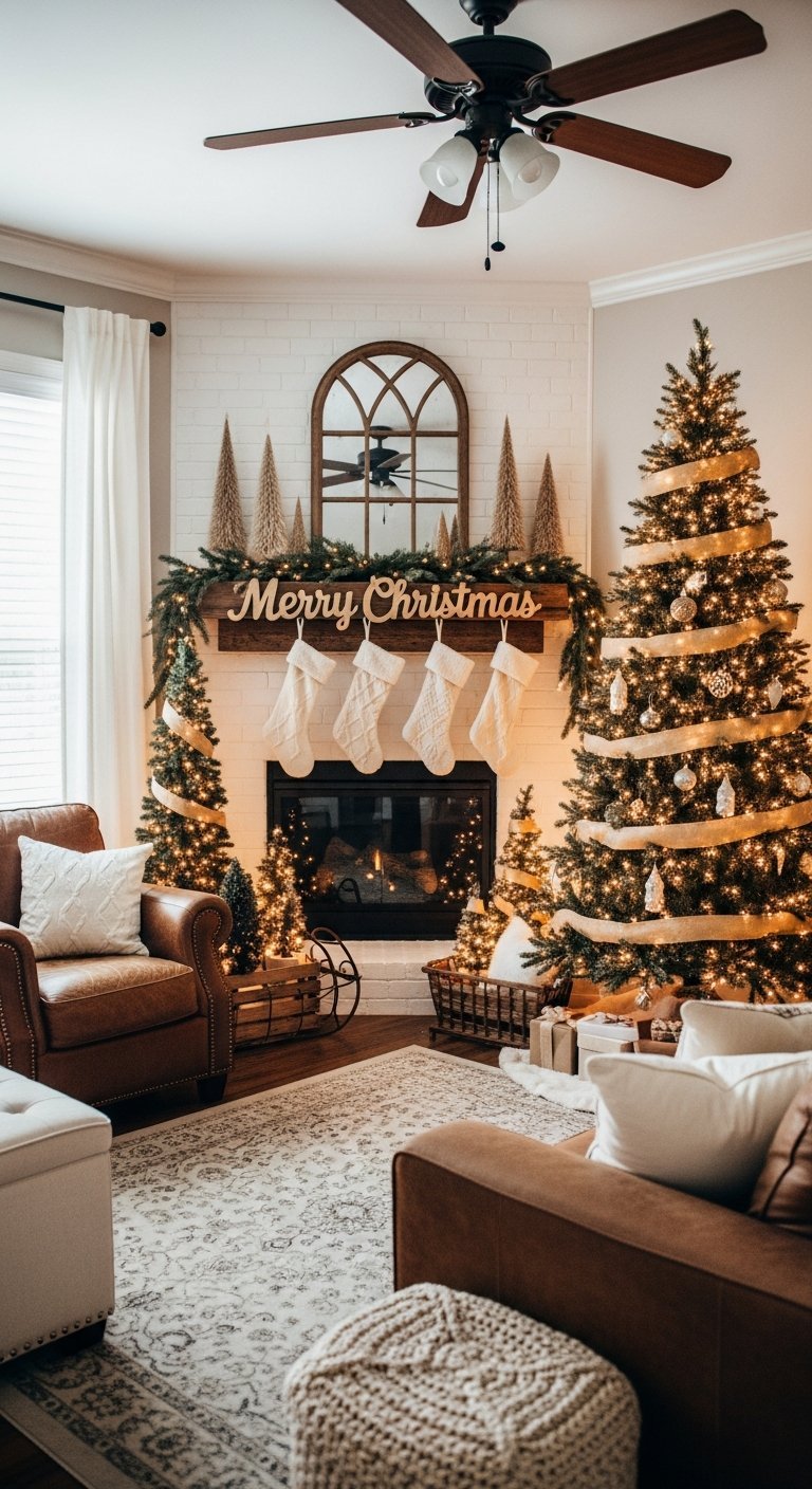 Salon de style rustique moderne avec cheminée en briques blanches et panneau en bois Merry Christmas