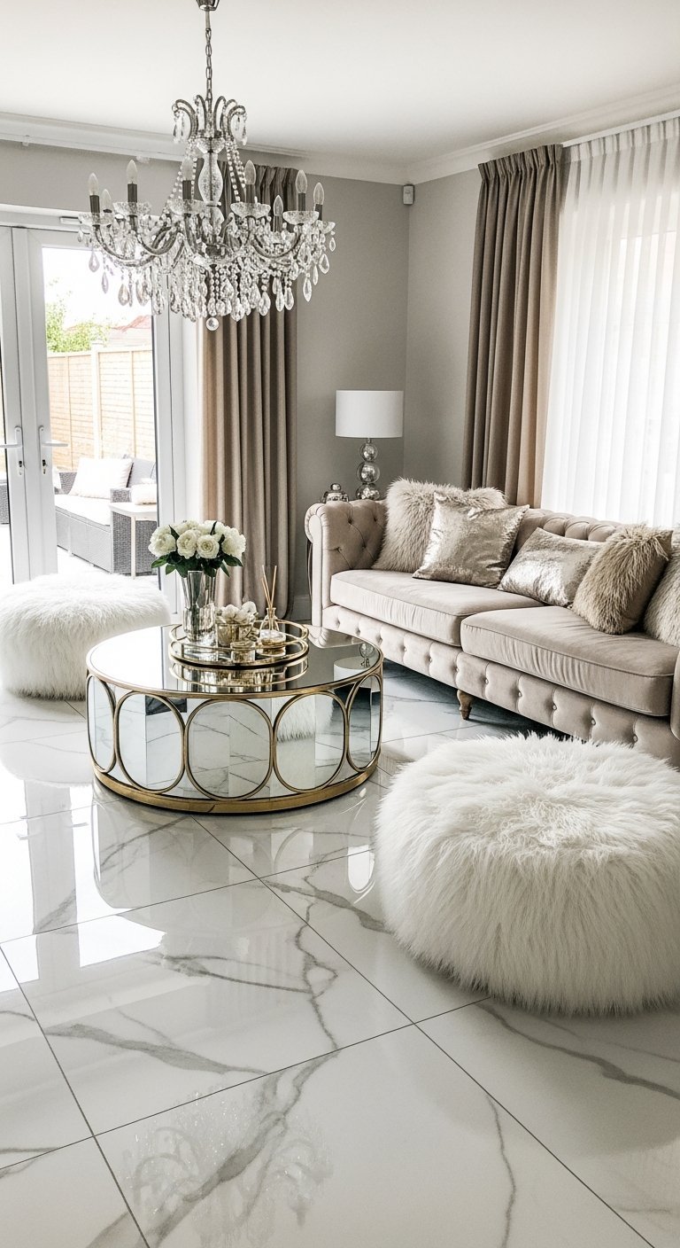 Salon glamour avec table miroir et poufs fourrure