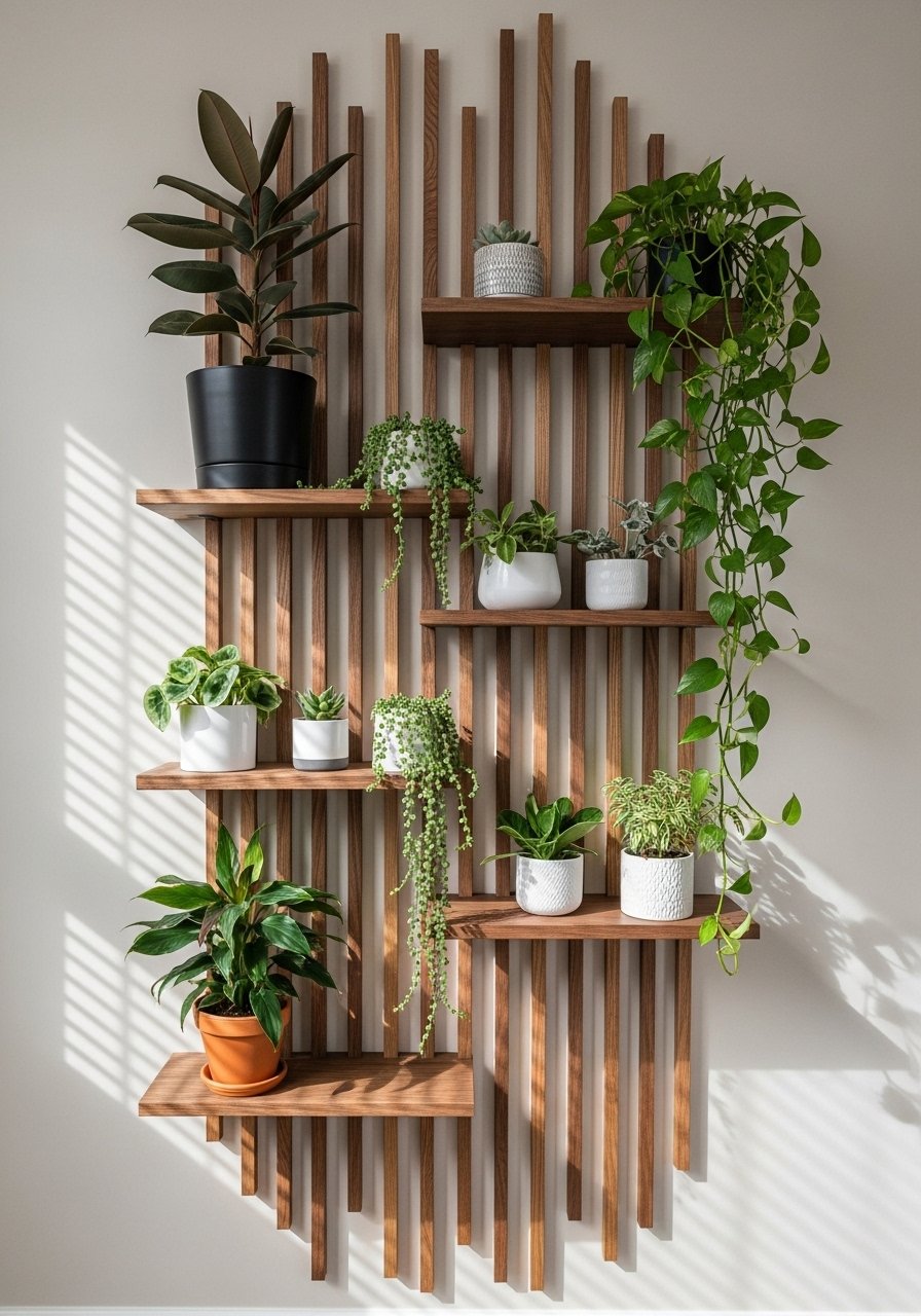 Support plante mural lattes bois