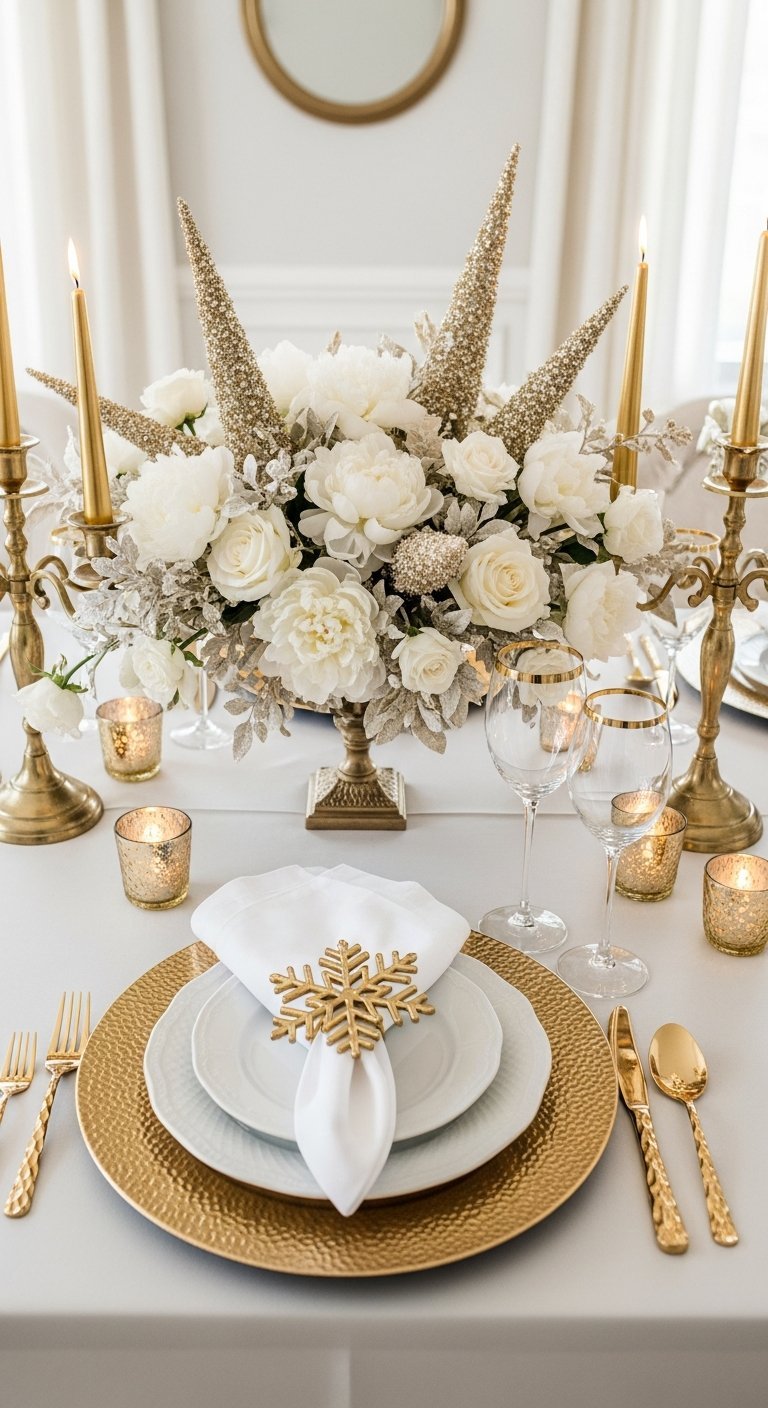 Table de Noel blanche et doree avec rond de serviette flocon dore