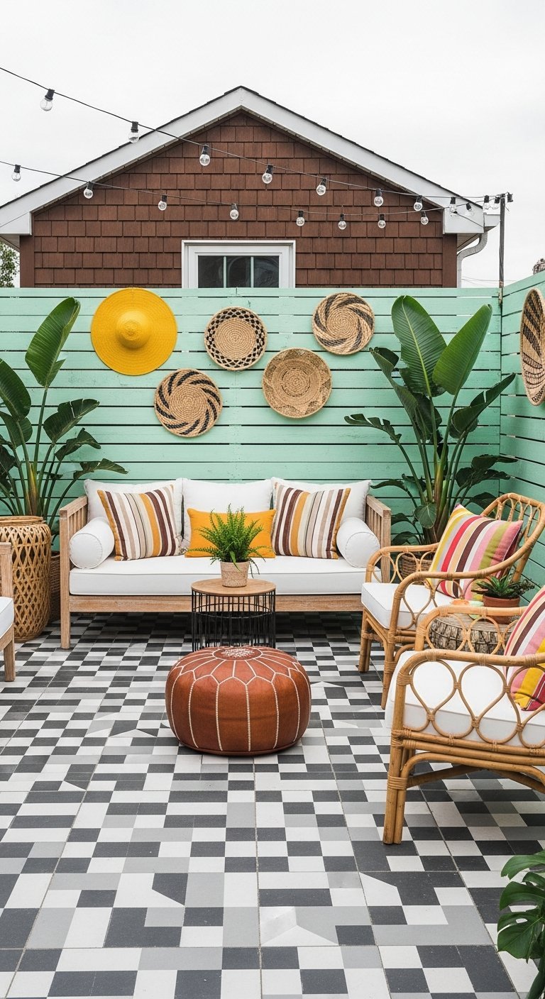 Terrasse bohème avec sol en damier clôture vert menthe et mobilier en rotin