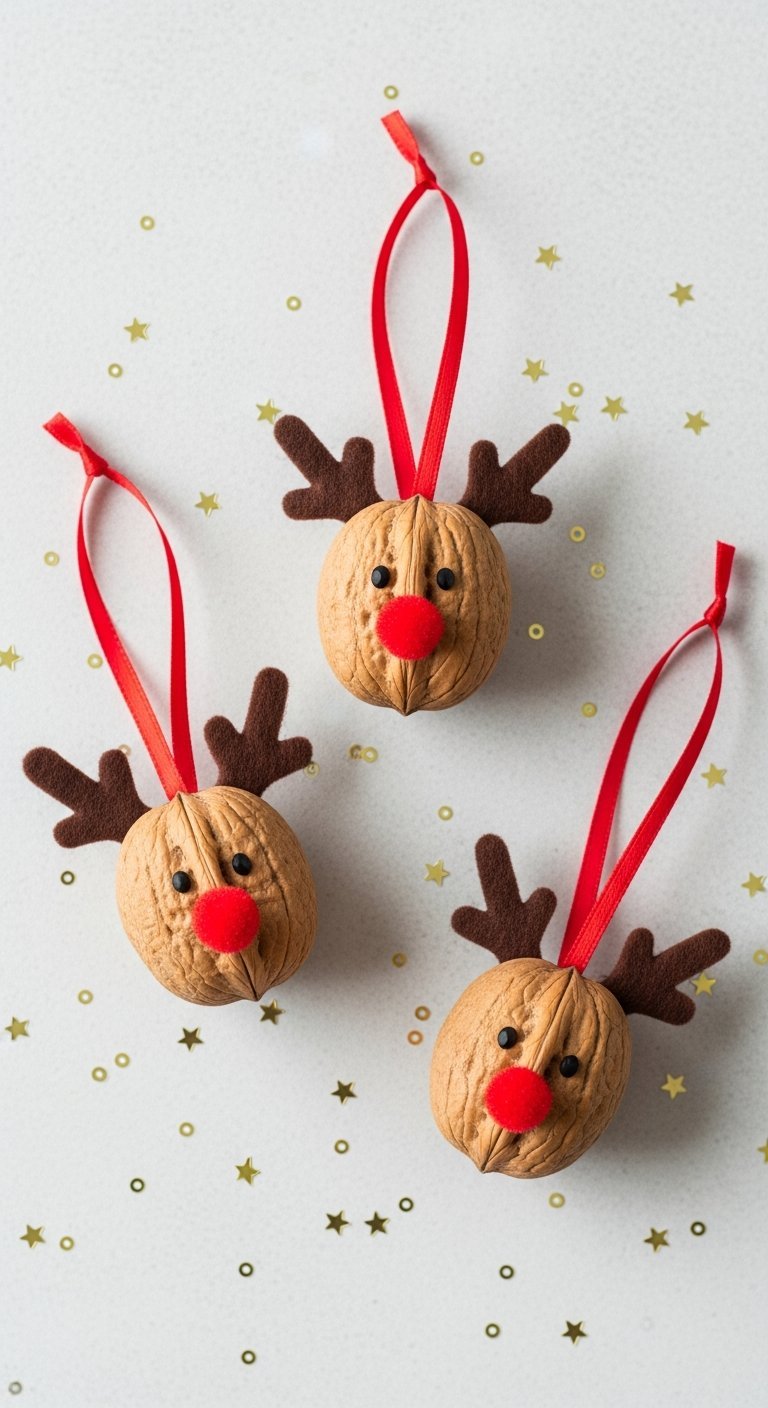 Bricolage de noel facile avec des noix transformees en tetes de rennes