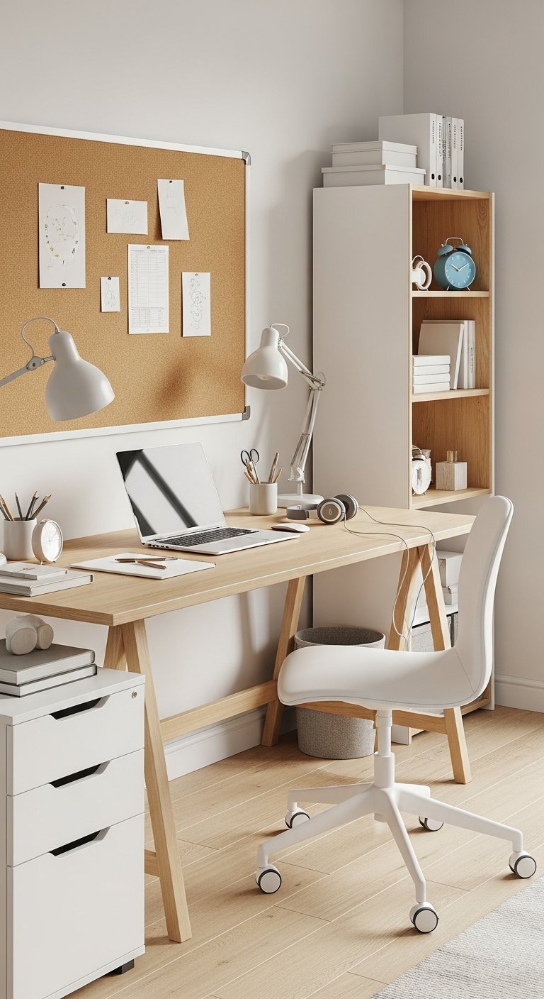 Bureau de travail à la maison tréteaux bois et panneau liège