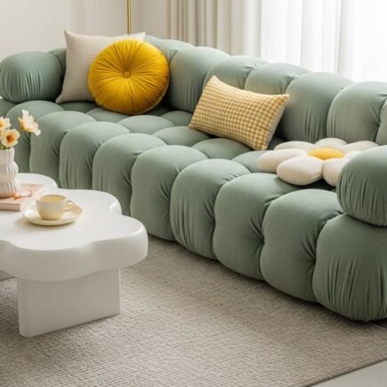 Canape style bubble vert sauge avec coussins jaunes et table basse organique