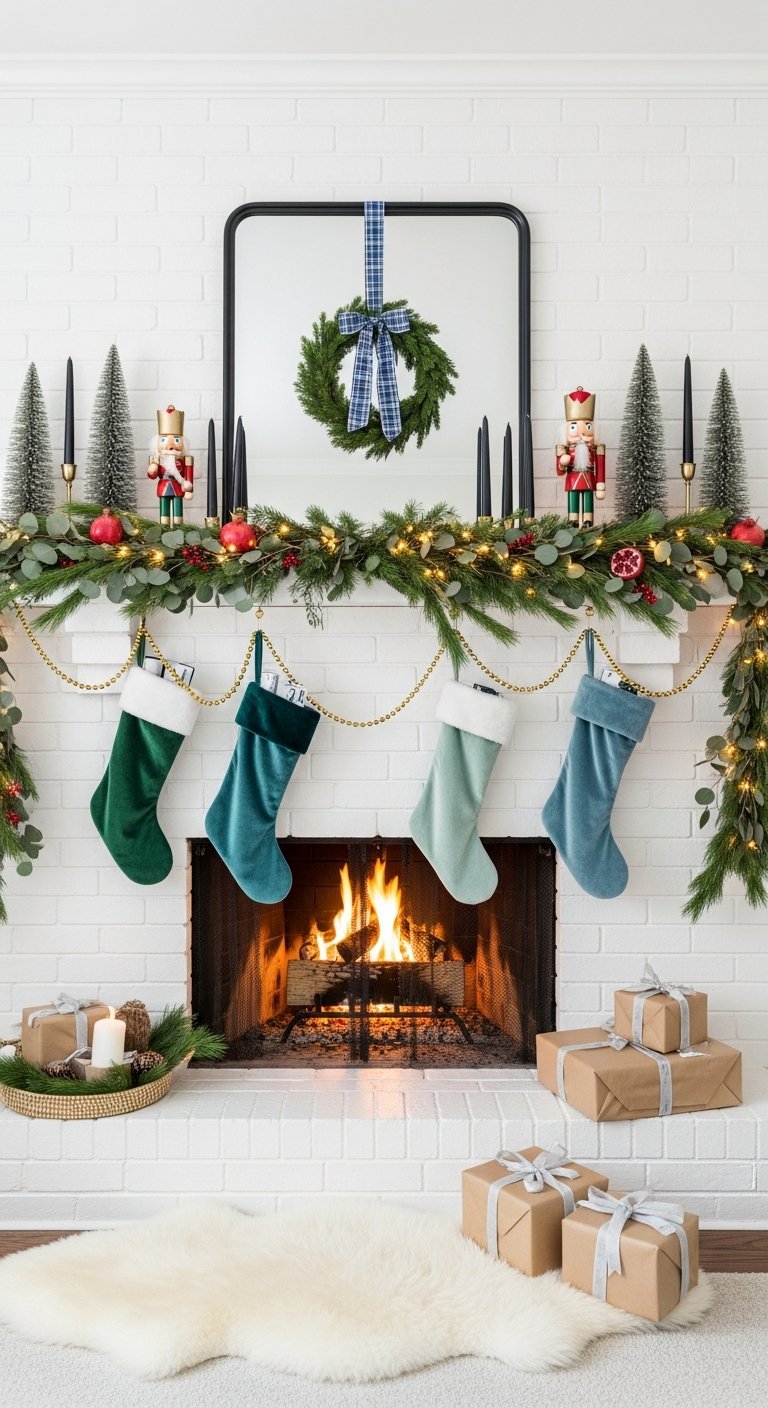 Cheminee en briques blanches avec chaussettes en velours bleu et vert