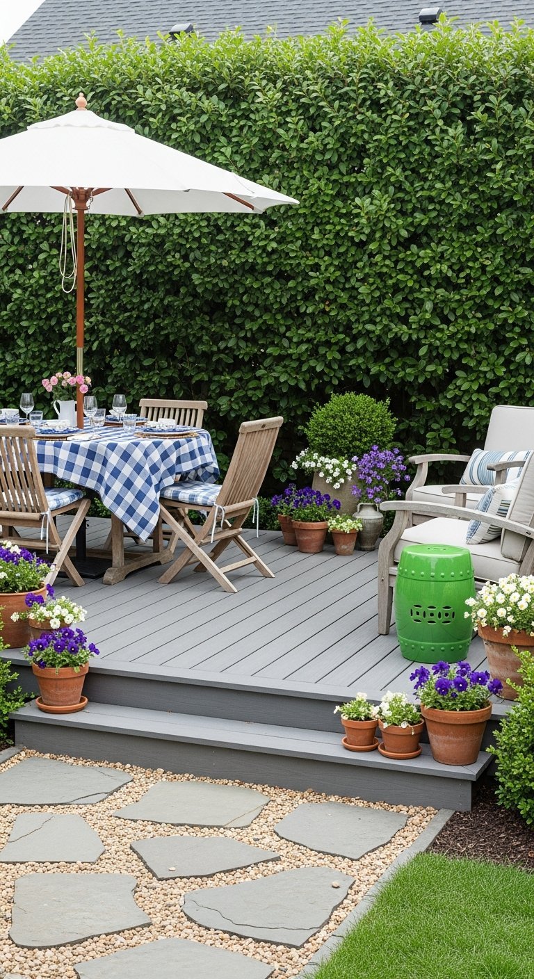 Coin repas extérieur sur terrasse en bois gris avec nappe vichy bleue