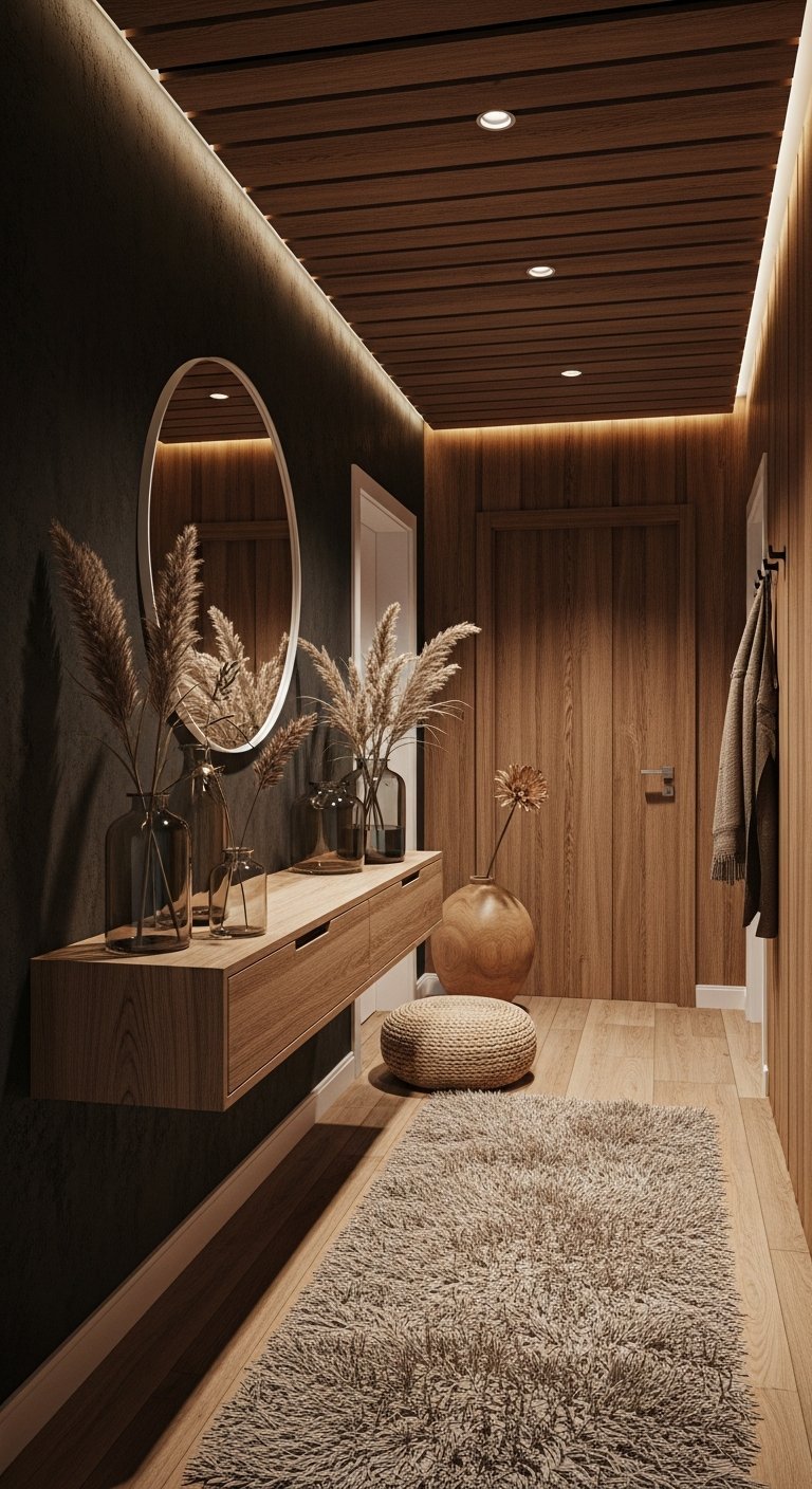 Couloir sombre avec murs noirs et tasseaux de bois eclaires par LED