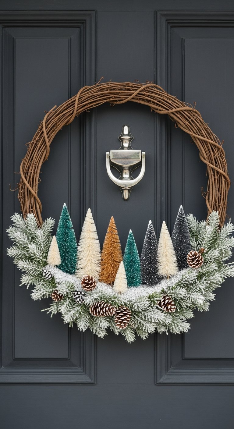 Couronne de Noel moderne en branches avec une foret de mini sapins colores