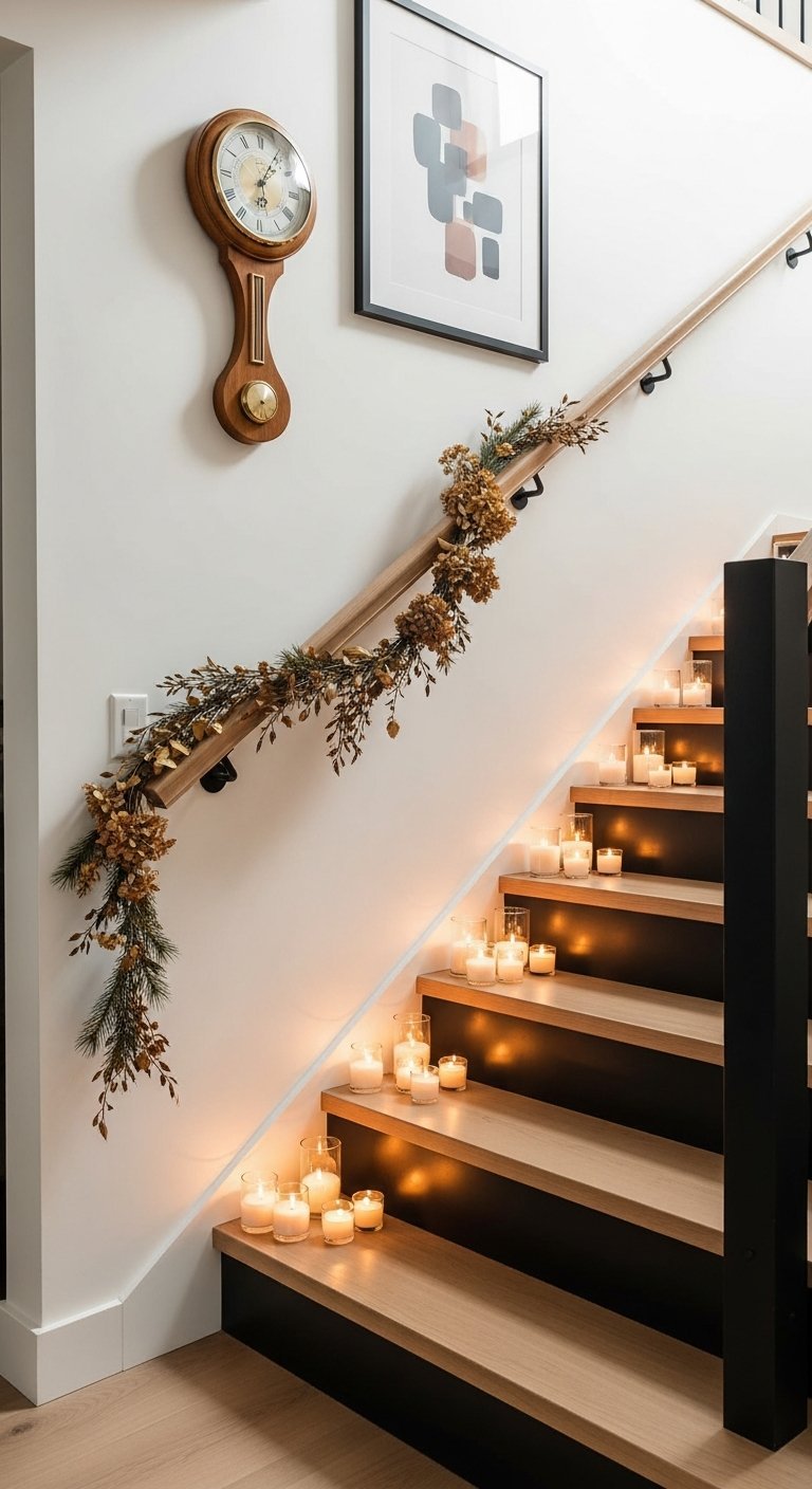 Décoration escalier moderne en bois avec guirlande de fleurs séchées et bougies