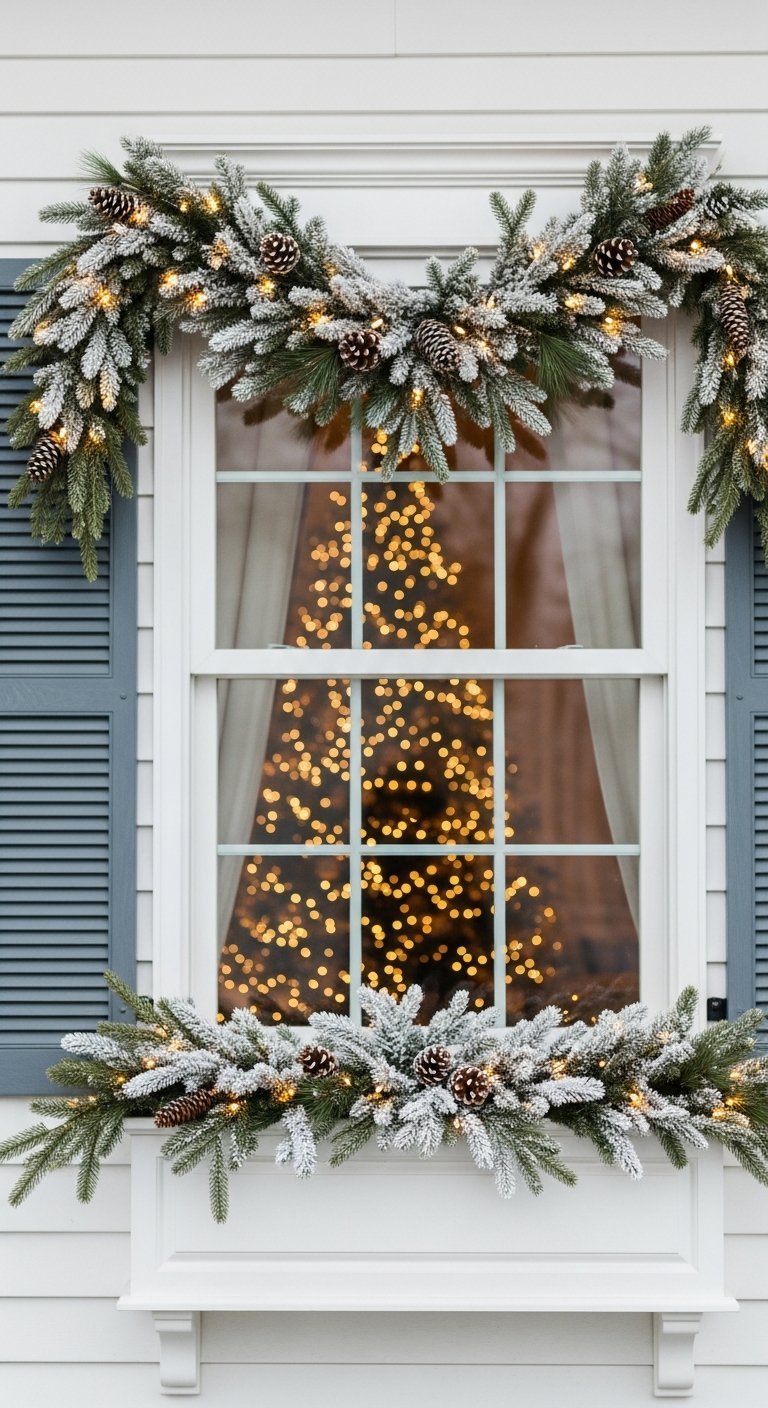 Fenêtre extérieure avec guirlandes enneigées reflétant un sapin de Noël