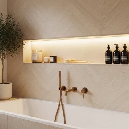 Longue niche de baignoire eclairee avec carrelage beige pose en chevron