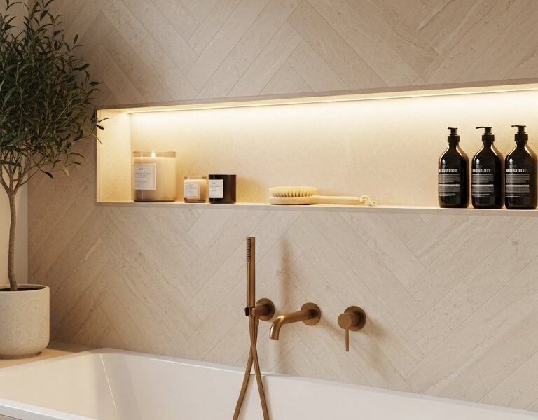 Longue niche de baignoire eclairee avec carrelage beige pose en chevron