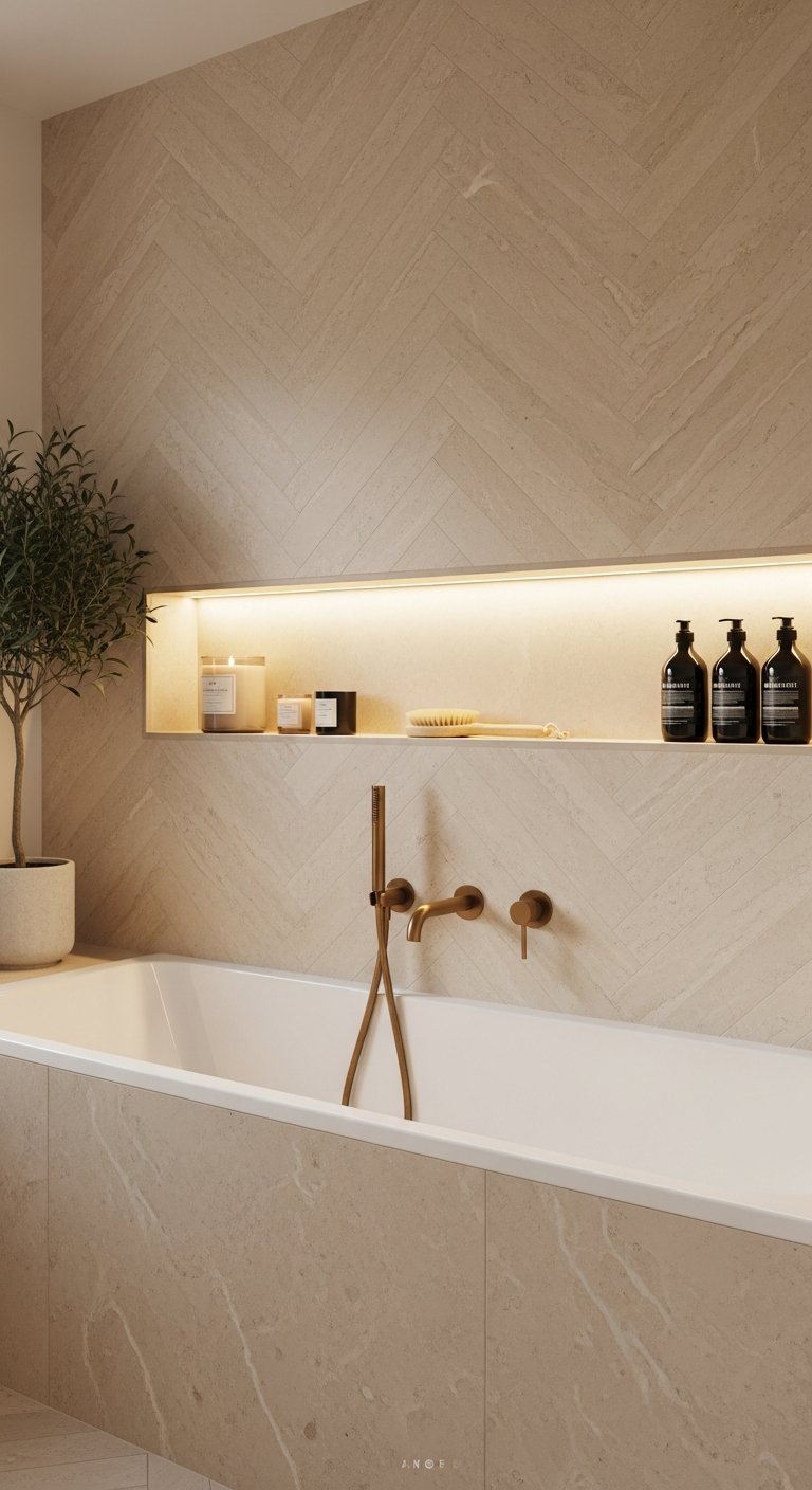 Longue niche de baignoire eclairee avec carrelage beige pose en chevron