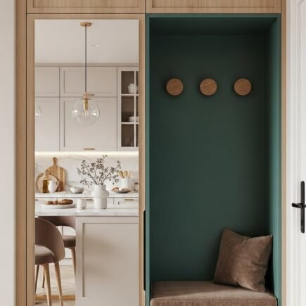 Miroir intégré dans un placard d entrée en bois avec une niche banc bleu vert
